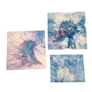 Abstract Fluid Acrylic Pour Painting Set of 3 Blue Purple White Canvas Art